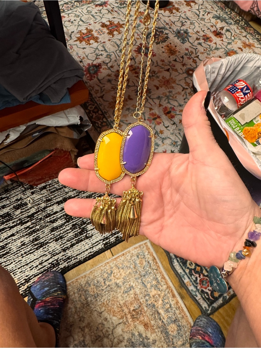 Gold Tassel Pendant Necklace with Yellow and Purple Stones - Women Jewelry